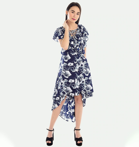 Floral Printed Tie-Up Neck High-Low Hem Midi Dress